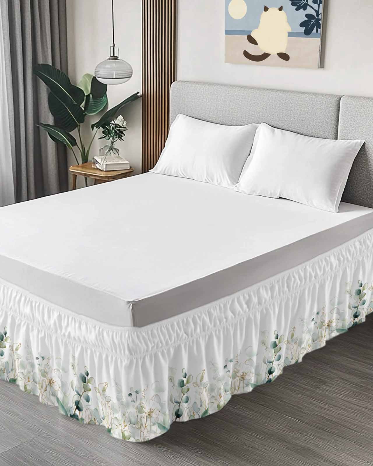 Watercolor Green Leaf Bed Skirt Queen Size 18 Inch Drop, Eucalyptus Leaves Abstract Art Adjustable Elastic Dust Ruffles Bedskirt for Queen Bed Wrap Around Pleated Mattress Frame Cover