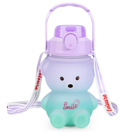 

Water Bottle Gradient Bear Pattern with Straw and Backing Strap Large Capacity