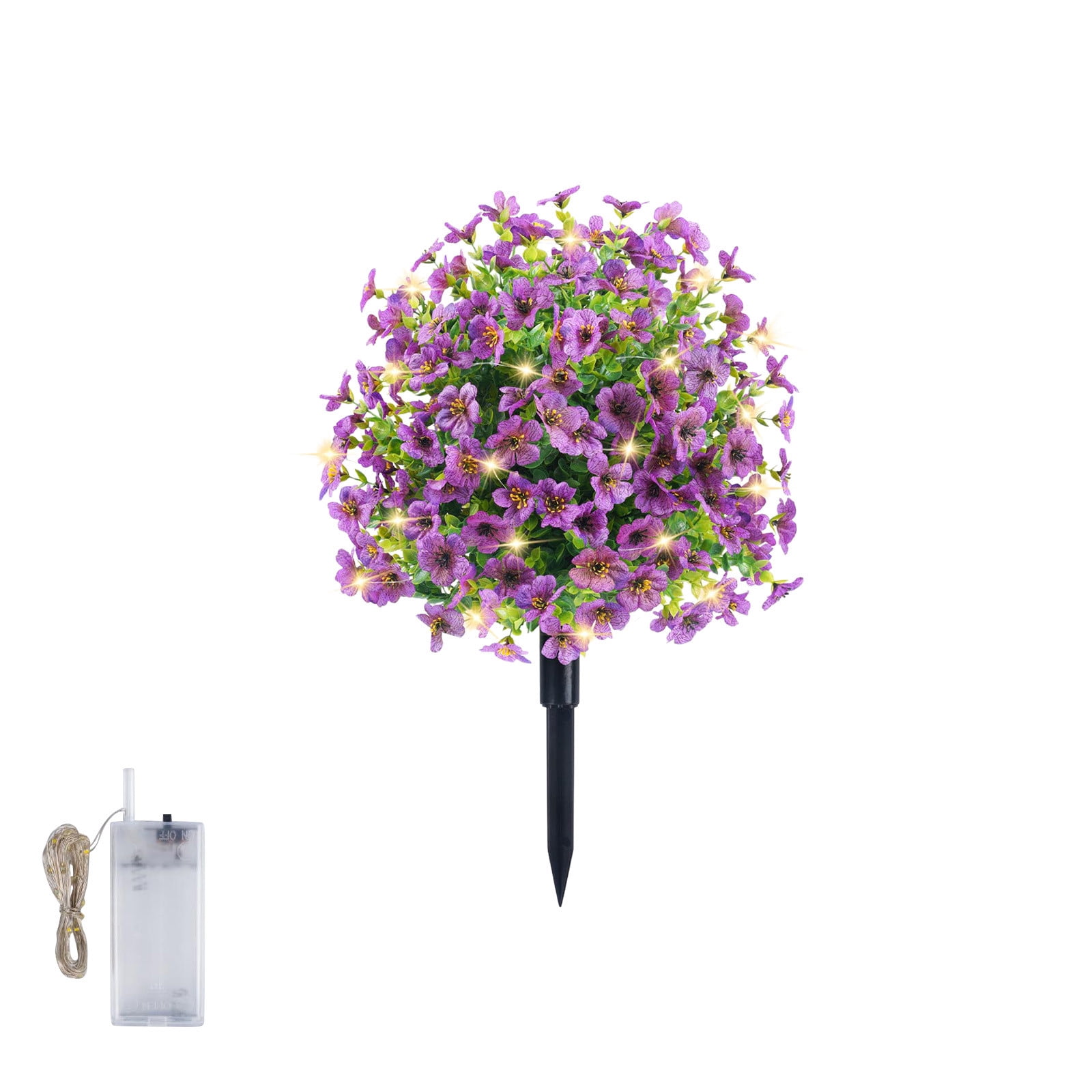 Bcylexb Artificial Flowers Ball for Outdoors, 23.6" Faux Flowers with Stake and LED Light Decorative Fake Flowers for Front Door Yard Garden Entryway Walkway Decor