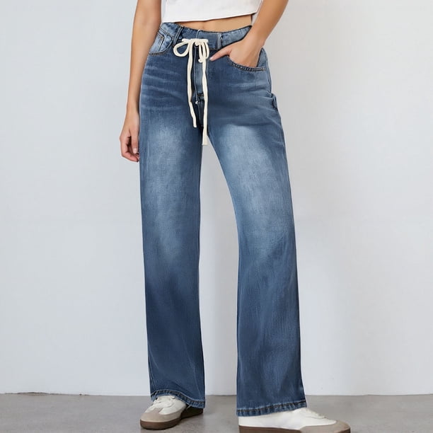 WILLBEST Pantalones Casuales para Mujer, de Pierna Ancha, Cintura Alta, Elásticos, Holgados, con Cordón, de Mezclilla para Uso Diario Cómodo. Chica