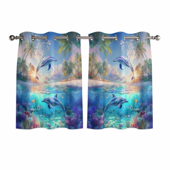 Ocean Dolphins Kitchen Curtains Short 45 Inch Length, Summer Coral Coconut Trees Tropical Fish Grommet Top Bedroom Living Room Curtains, Light Filtering Cafe Curtain Drapes 2 Panels Set 84''x45''