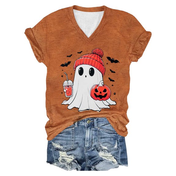 Rhuody Womens Halloween T Shirts Casual V Neck Tops Graphic Prints Short Sleeve Hallowmas Tee Durable Fall Wear L Orange