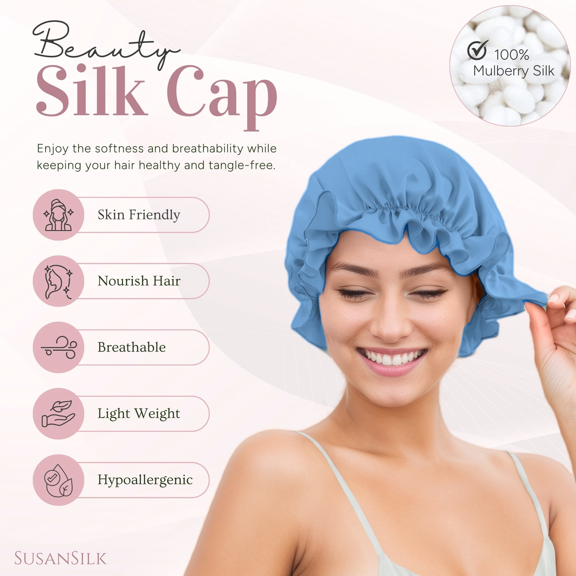 SusanSilk 19 Momme Premium Mulberry Silk Bonnet Cap with Breathable Hair Protection and Garnet Flower Design