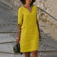 thumbnail image 2 of Kcodviy Robe Décontractée de Travail pour Femmes, Adaptée et Confortable, Col en V, Manches Mi-Longues, Robes Confortables et Robe Courte Mini Ajustée en Lin d'Été pour Femmes, Robe, 2 of 4