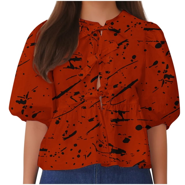 Camisetas de Manga Corta para las Mujeres Lanterna Manga Corbata Plisado Cuello Redondo, Casual Recortado Camiseta Top para Gimnasio Y Diario