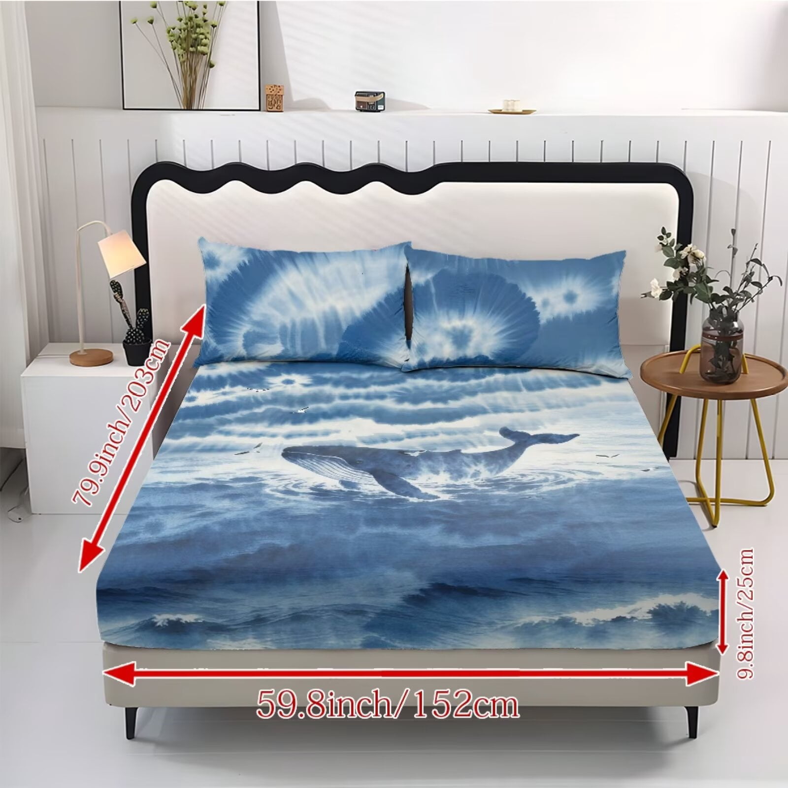 ZIATUBLES Full Sheets Set 3 Pieces,Lightweight Breathable Bed Sheets, Soft Cozy Bedding 9.8" Standard Pocket Sheets with Elastic Bottom Straps, Blue Tie-Dye Whale Print