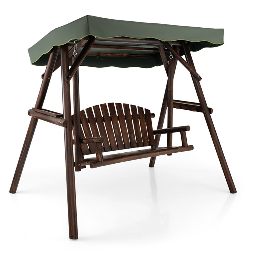 Aimee Lii 2-Person Outdoor Wooden Porch Swing with an Adjustable Canopy, Swing Chair Outdoor