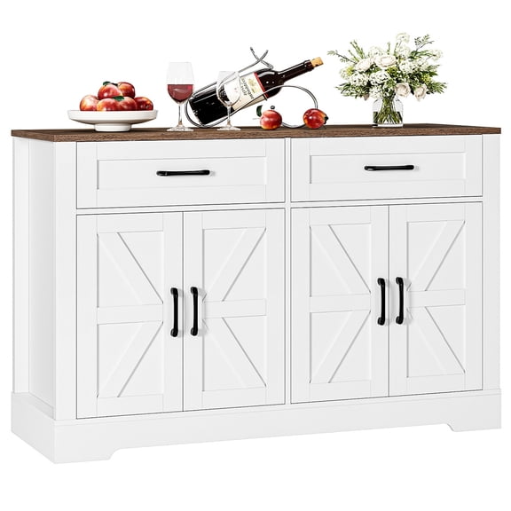Homfa Buffet Cabinet with 2 Drawers and 4 Doors, Kitchen Sideboard Storage Cabinet, Farmhouse Coffee Bar Cabinet for Dining Room, White & Brown