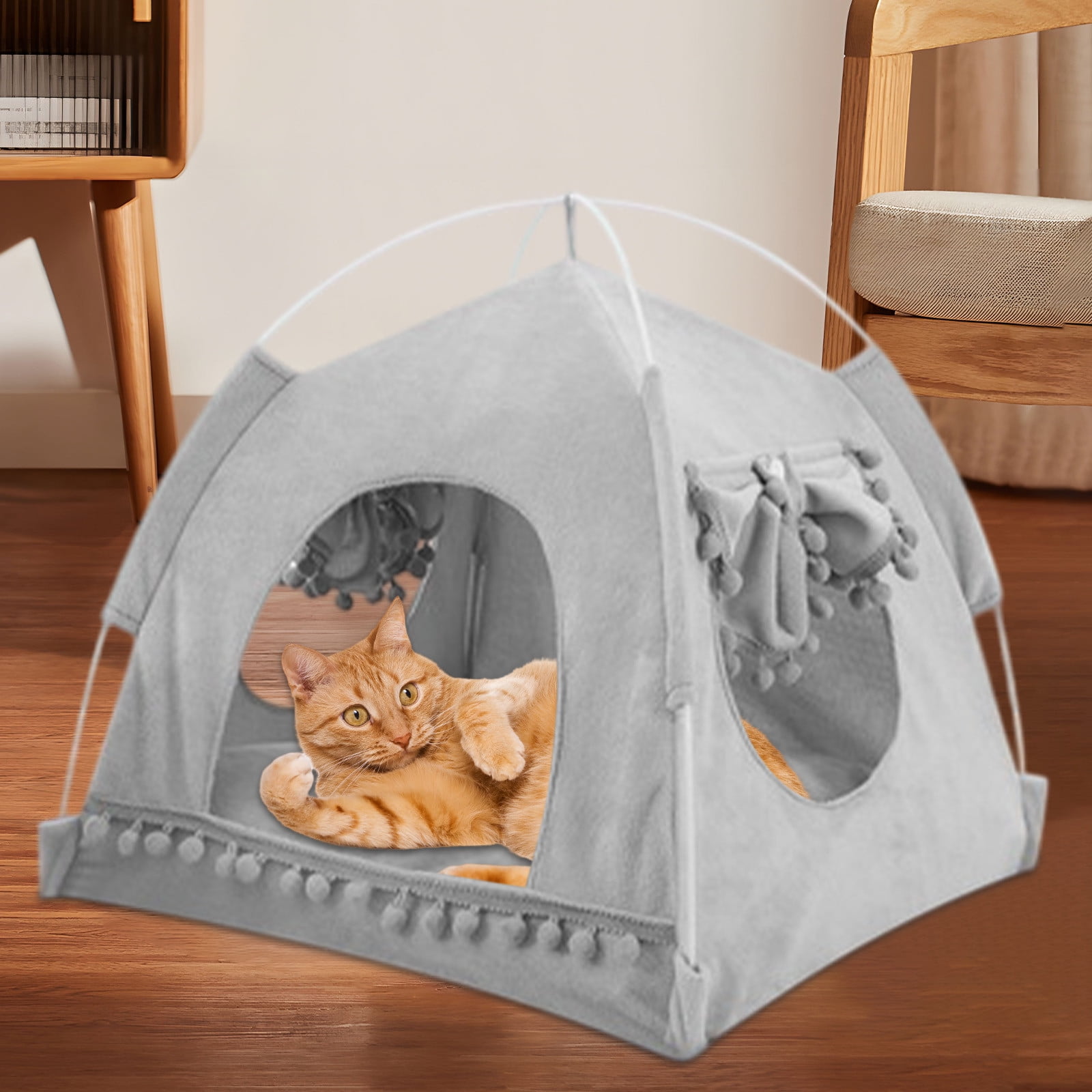 Roiihwy Cat Tent With Ground Nails Outdoor/Indoor, Cat and Dog Waterproof Tent House Washable, Cave Nest Bed for Cat, Bunny and Small Animal, Gray