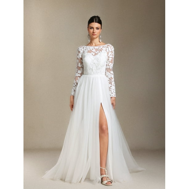 Vestido de novia Gilda Maxi de manga larga con encaje y malla