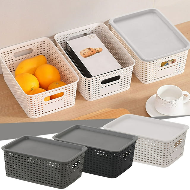Xihbxyly Cesta de Almacenamiento de Plástico, Diseño de Tejido Hueco, Tapa Apilable, Material Plástico Duradero, Almacenamiento Multifunción, para Estanterías y Escritorios, Organización En Casa o En