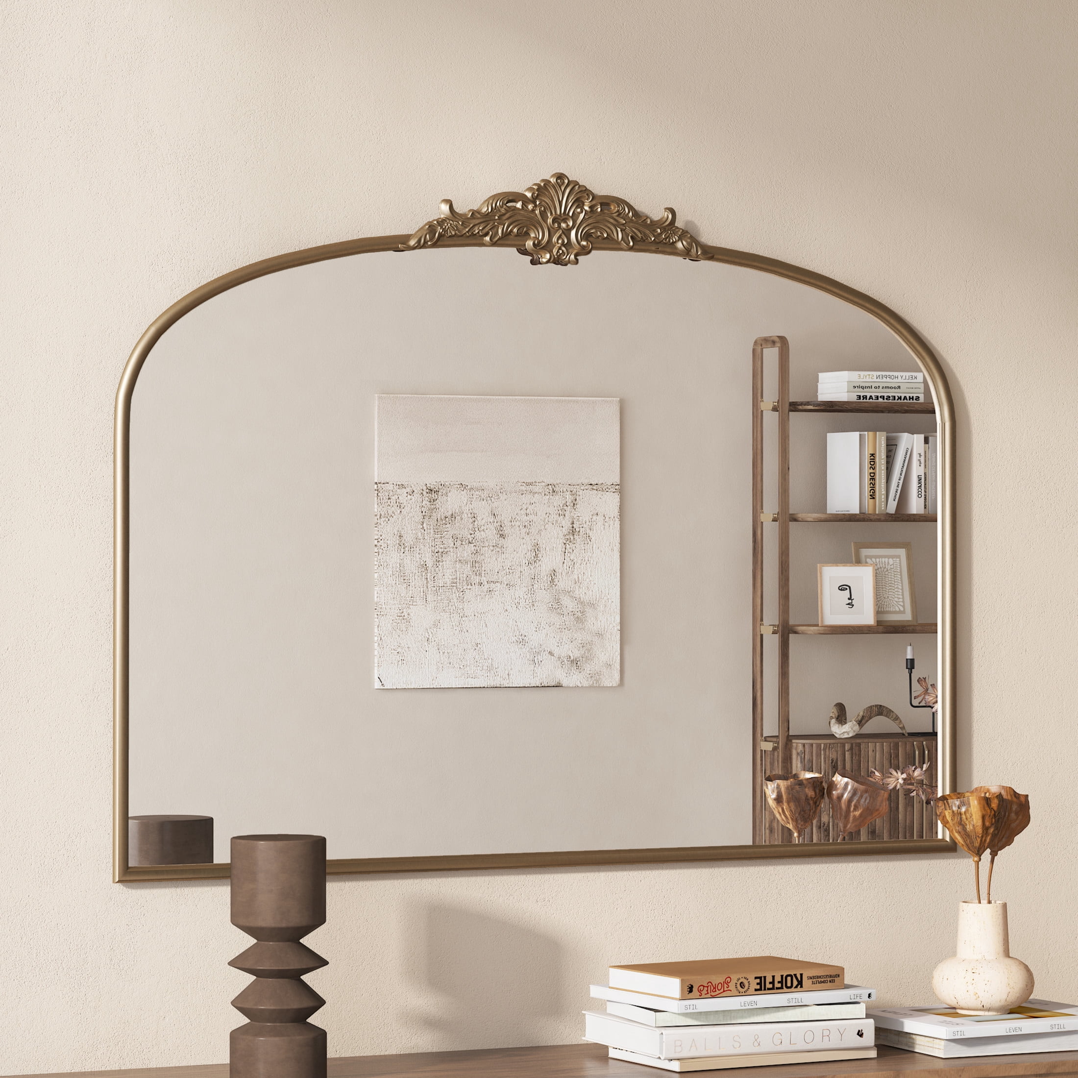 Noble House 40" Arched Vintage Baroque Wall Mirror with Metal Frame, Traditional Ornate for Entryway, Antique Gold