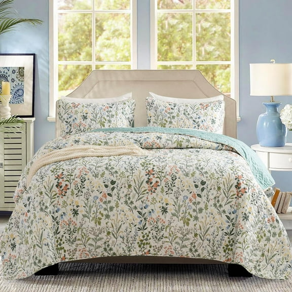 Floral Quilt Set Queen 3 Pieces Soft Lightweight Microfiber Bedspread Coverlet Queen Quilt Bedding Set Garden Botanical Floral Printed Quilt Set 1 Quilt and 2 Pillow Shams for All Season