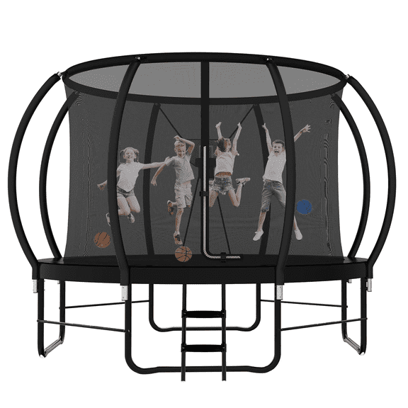 DVH Outdoor Trampoline 14FT with Enclosure and Ladder, Recreational Trampoline with Basketball Hoop Set
