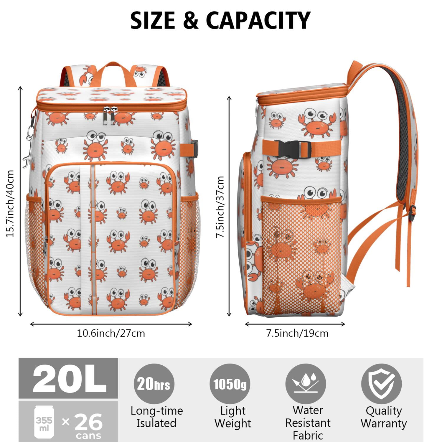 Camping Cooler Backpack 26 Cans,Insulated Backpack Insulated Leak Proof Travel Cooler Bag Waterproof Lunch Picnic Beach Work Trip Thermal Bag Drink Beverage Beer Bag Cooler Marine Adorable Crab