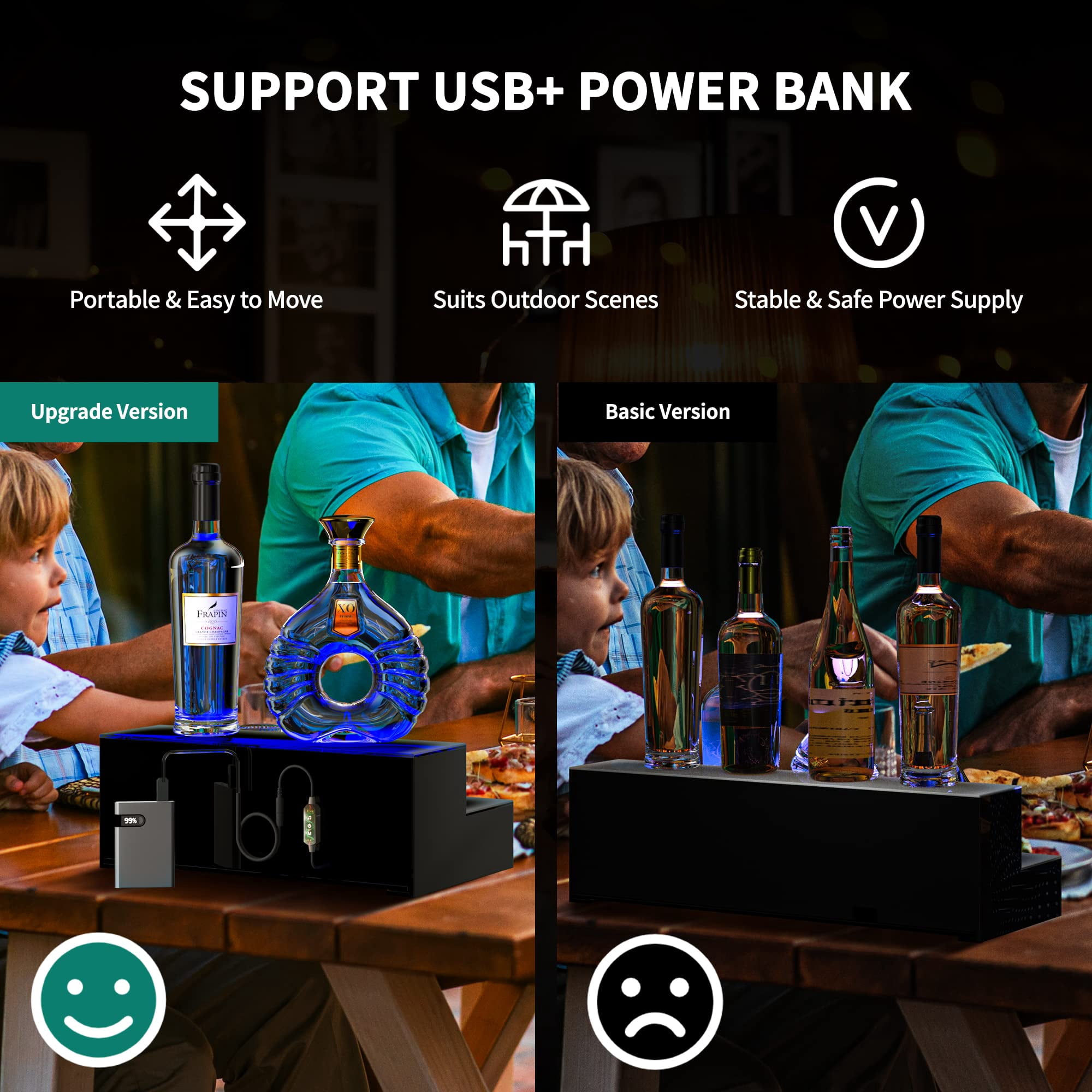 Dextrus LED Lighted Liquor Bottle Display Shelves 2-Step 16-inch Supports USB & Power Bank, Acrylic Mounted Whiskey Rack Stand with Remote & App Control