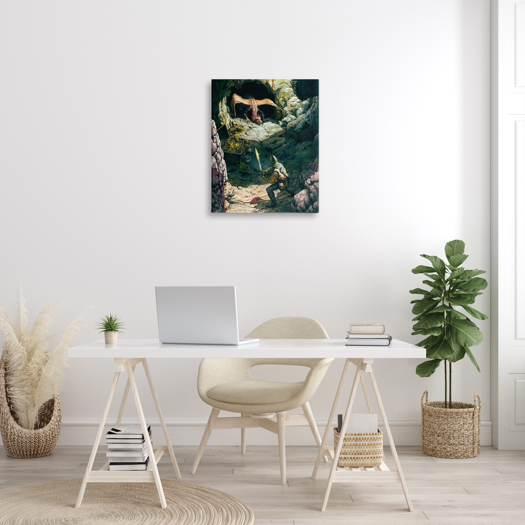 Stupell Industries Dragon & Knight Battle Fairy Tales & Fantasy Painting Gallery Wrapped Canvas Art Print Wall Art, 24 x 30