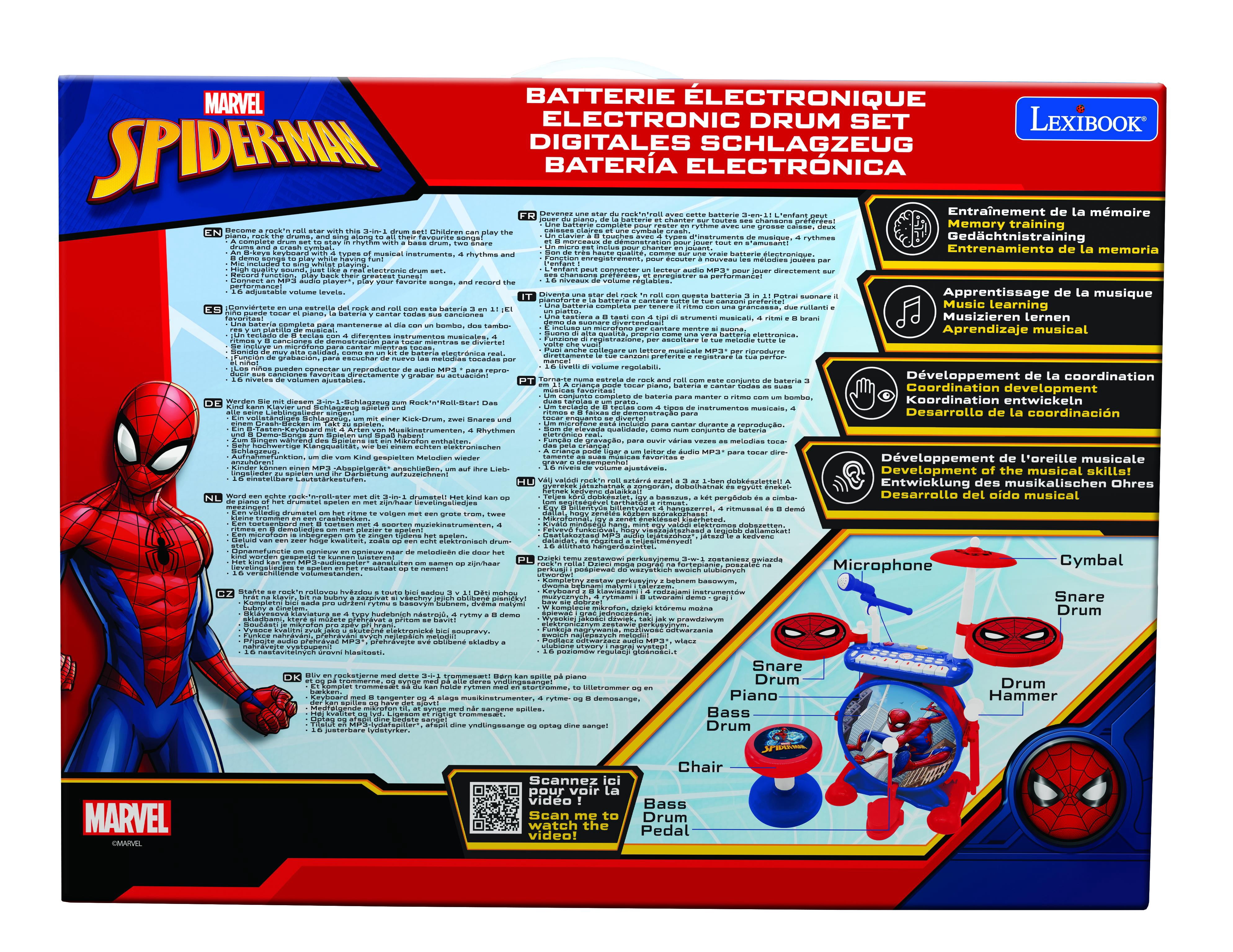 Lexibook Spider-Man Electronic Drum Set, 3-in-1 with 8-Key Keyboard and Mic, Blue/Red