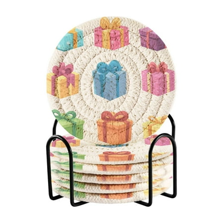 

6 Pcs Drink Coasters with Holder Absorbent Coasters Minimalist Home Decor Coaster Set Stylish Handmade Round Woven Coaster for Drinks Table Desk Protection Set Of Colorful Gift Boxes