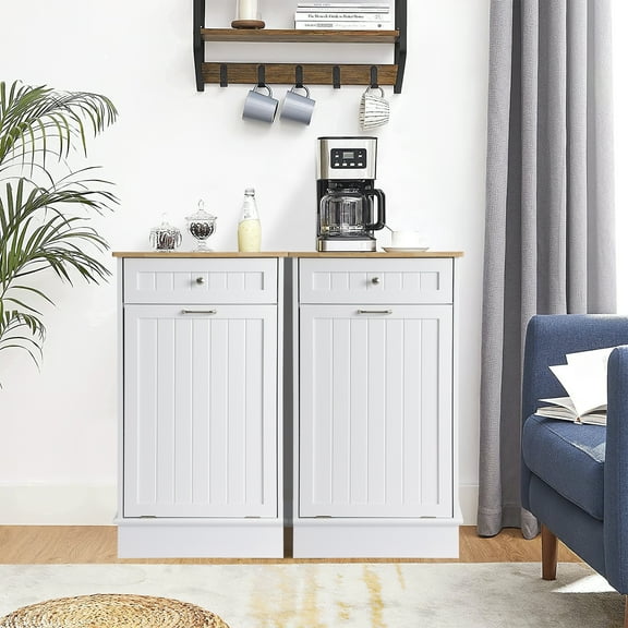 KIGOTY Tilt-out Trash Cabinet, 10 Gallon Pet Proof Kitchen Garbage Bin Cabinet Laundry Hamper, White (1 set)