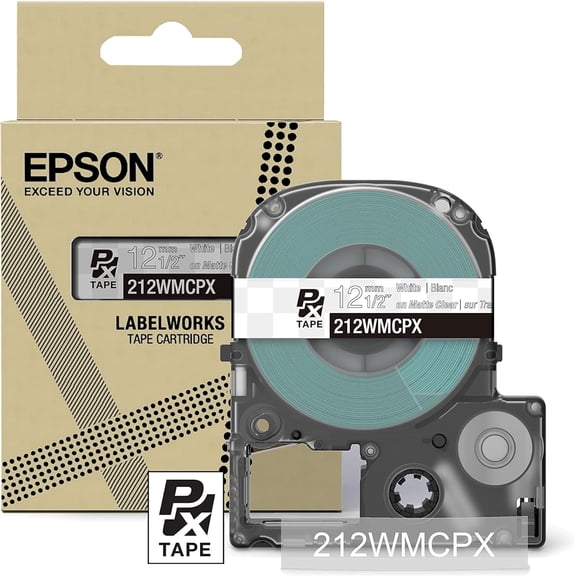 Epson LABELWORKS 212WMCPX - White on Matte Clear PET Label Maker Tape - 1/2" (12MM) Wide, 26'