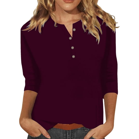 WTXUE T-Shirts 3/4 Sleeve, Crew Neck Shirts for Women's Button up T Shirt Top Solid Casual Tops for Women Wine M