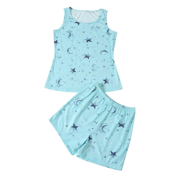 GHSOHS Sleepwear Pajamas for Women Set Pajamas for Women Fashion Summer Home Wear Round Neck Printed Shorts Vest Pajama Pajama Pants Set 2 Piece Outfits Nightwear Pj Lounge Sets Two-piece Pj Sets