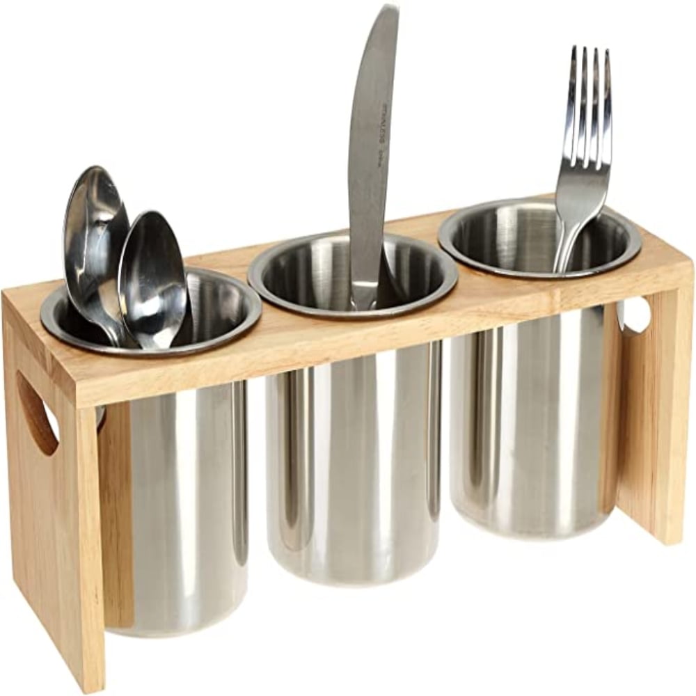 3 Pack Silverware Holder, Stainless Steel Utensil Organizer with Wood Base, Flatware Caddy for