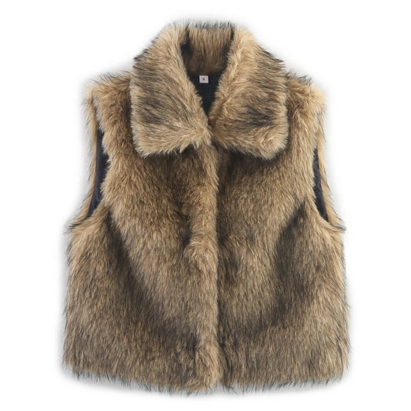 jtjvou Women’s Furry Faux Vest Stylish Lapel Collar Sleeveless Solid Color Button Down Winter Crop Waistcoat Brown S