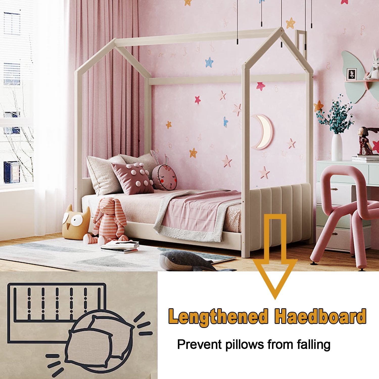 Bellemave Twin Size House Beds, Velvet Montessori Floor Bed with Headboard & Footboard, Twin Bed Frame for Girls Boys （Twin, Beige)