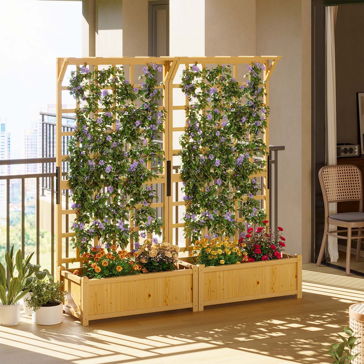BaPiPro Yellow-Brown Tall Wood Planter Box with Trellis - 36" Raised Garden Bed with Hanging Roof, Outdoor Elevated Planter for Climbing Plants, Flowers - 2-Pack for Patio, Balcony