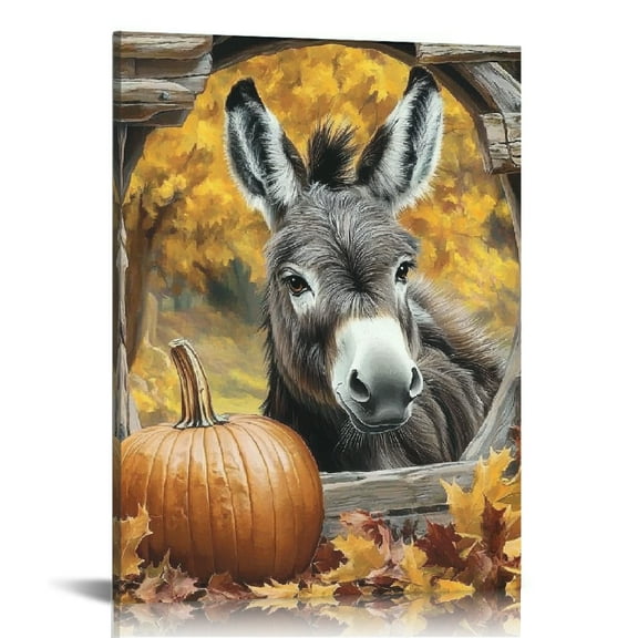 ZFLMY Donkey Pumpkin Fall Leaves Canvas Wall Art Home Decor 12x16in