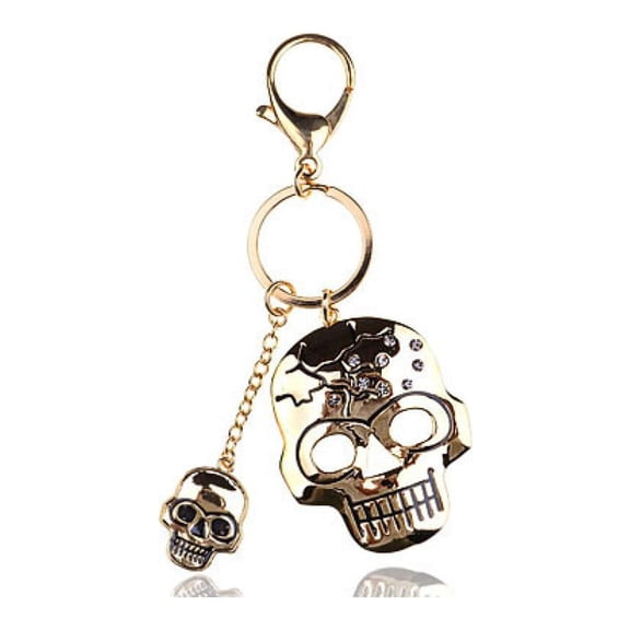 Golden Tone Metallic Cracked Spooky Two Skull Face Head Key Chain