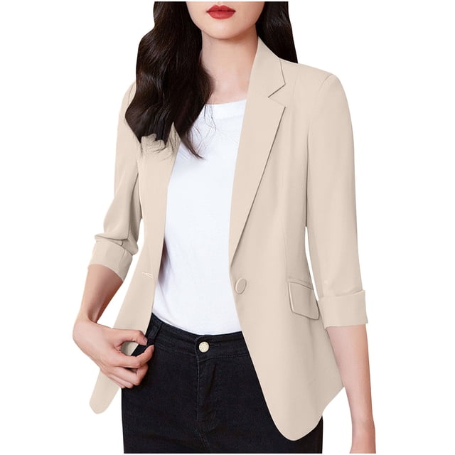 Veste de Complet Décontractée pour Femmes avec Col à Revers et devant Boutonné, Mélange Léger Polyester-Spandex, Longueur Régulière, Noir, P