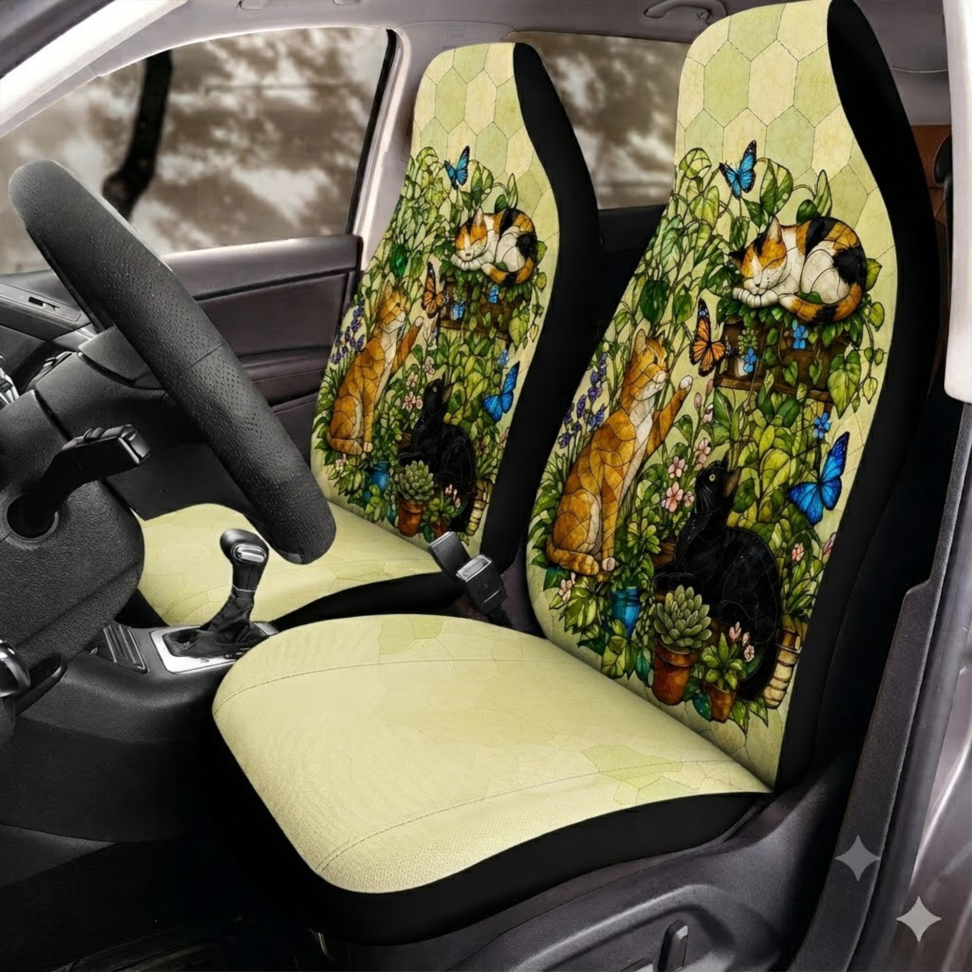 Emacom Ltd Garden Cat Front Car Seat Covers Botanical Cats Butterfly Auto Seat Protectors Floral Pet Car Interior Accessories