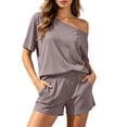 thumbnail image 2 of Karymi Blouses for Women Dressy Casual 2-Piece Casual Outfit, Solid Off-Shoulder Short Sleeve Loose Top + Elastic Waist Shorts with Pockets, Summer Beach Vacation Set Summer Tops, 2 of 8