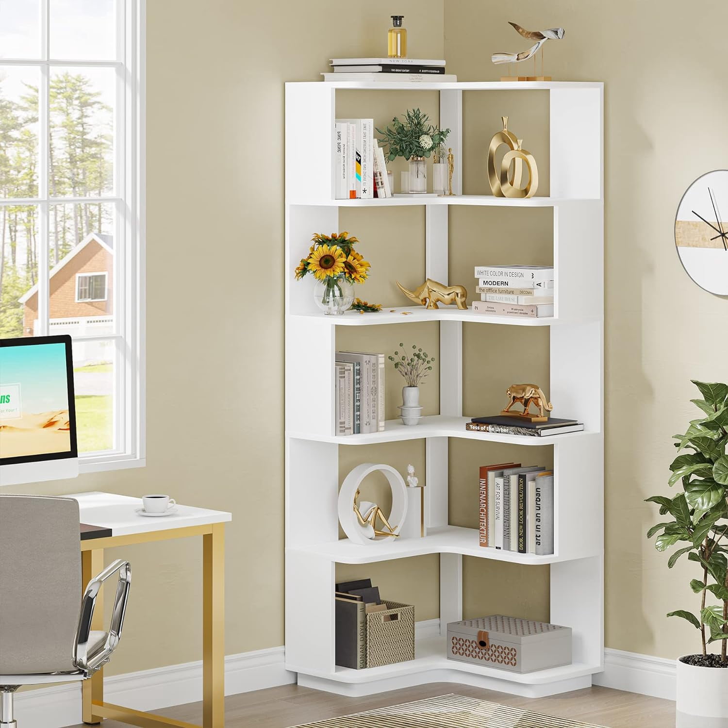 Tribesigns 64.9” 6-Tier Corner Bookshelf – Stylish Tall Storage Rack with Anti-Slip Design for Living Room & Office
