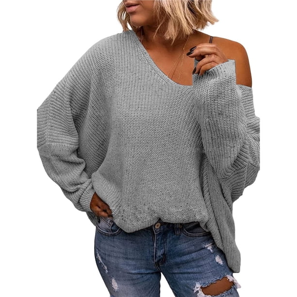 Suéter Holgado de Punto de Larga con Cuello en V para Mujer Gris XXL