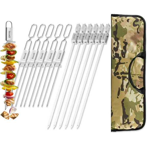 Encoli Kabob Grill Skewers - 304 Stainless Steel Shish kebob Sticks With Silder - Resuable Flat BBQ Skewers Set With Storage Bag - 17.7“ Single And 13" Double Pronged (12 Pcs)