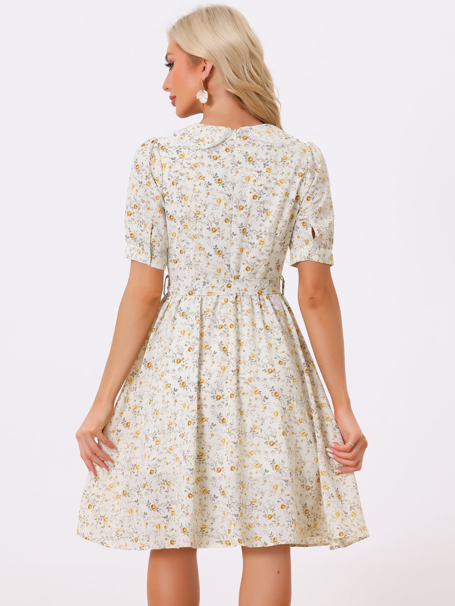 DARING DIVA Peter Pan Collar A-Line Flowy Midi Chiffon Floral Dress XL Light Yellow