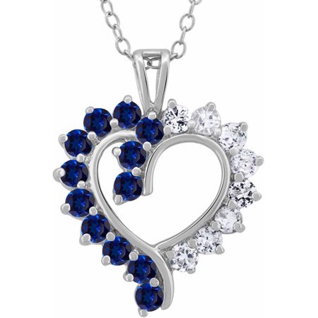 Created Blue Sapphire and CZ Sterling Silver Open Heart Pendant, 18