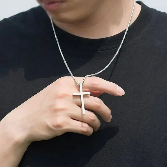 New 14K White Gold Cross Pendant Necklace for Men Women Minimalist Jewelry Male Female Necklaces Silver Color Sweater Chain