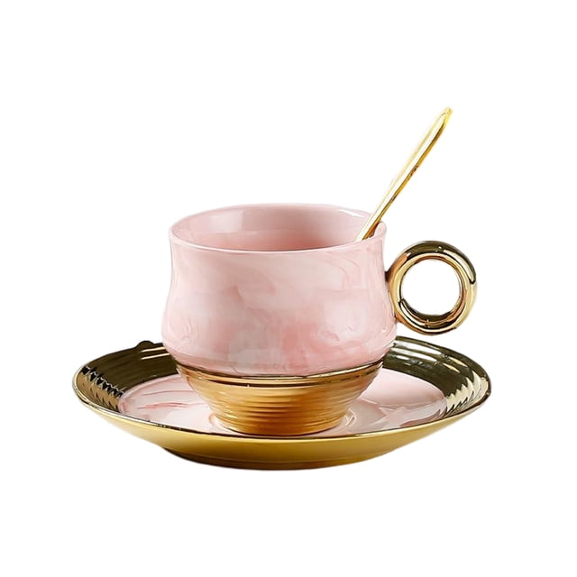 Ounissouiy Taza de café de cerámica de estilo europeo, juego de té, platillo, cuchara, tazas con mango dorado para oficina, accesorios para Juegos de servir café y té Rosa 200ML