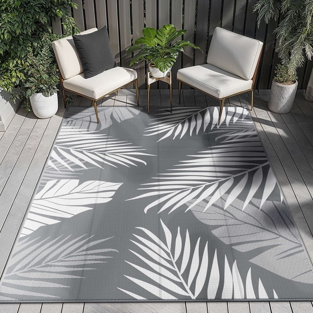 DEORAB 8'x10' Outdoor Rugs Waterproof Patio Lightweight Reversible Plastic Carpet Outside Camping Mat,Gray & White