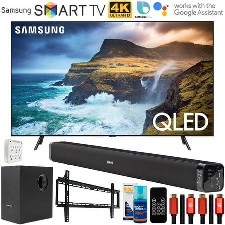 Samsung QN65Q70RAFXZA 65 inch Q70 QLED Smart 4K UHD TV 2019 Model Bundle with 60W Soundbar with Subwoofer, 2x HDMI Cable, 6-Outlet Surge Adapter, Flat Wall Mount Kit and Screen Cleaner