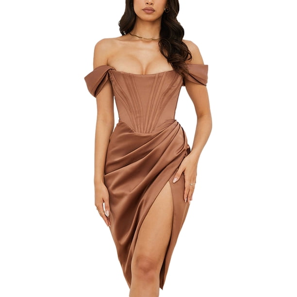 Txlixc Vestido de fiesta de color sólido para mujeres, vestido midi de cintura alta sin tirantes Txlixc moda
