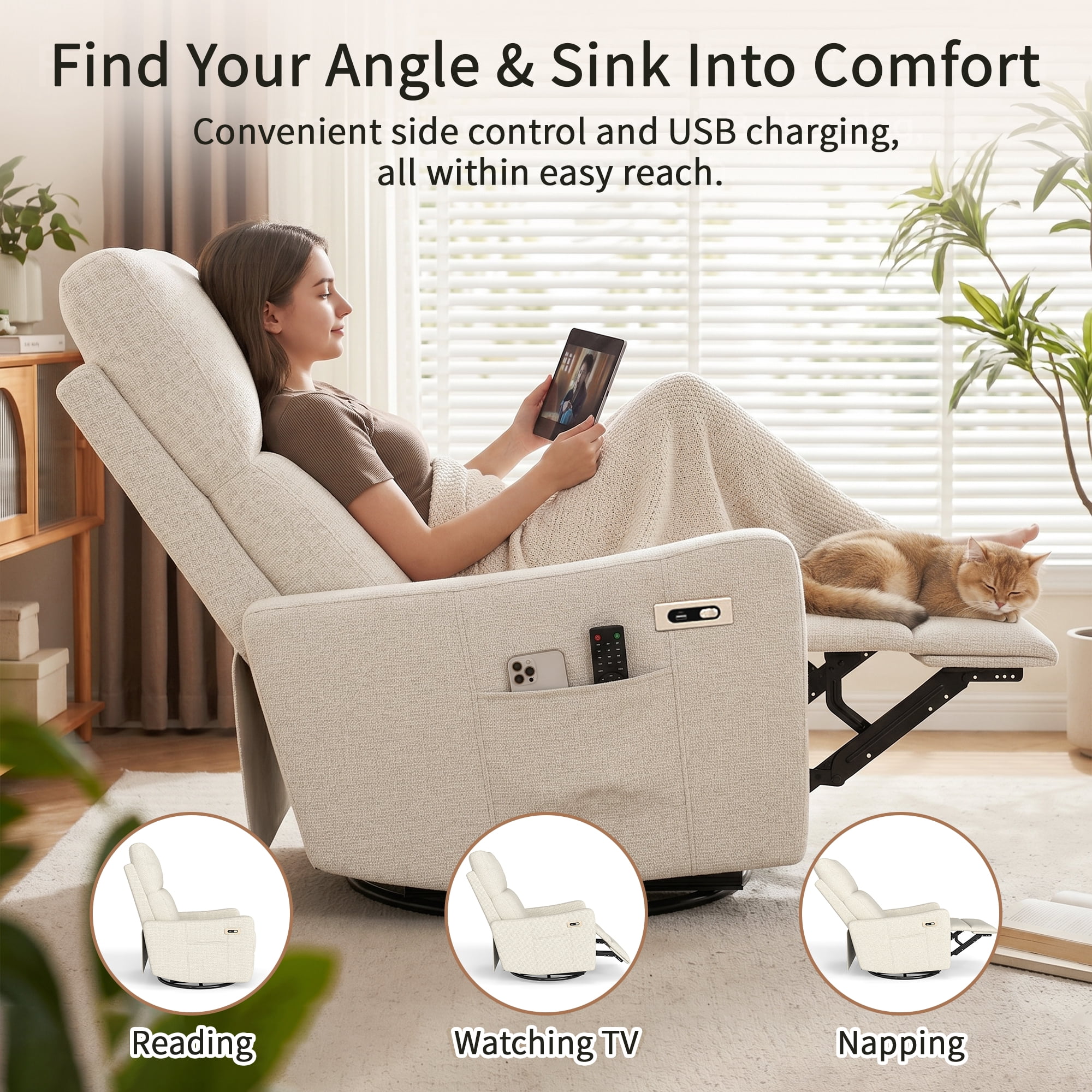 Leumius Swivel Recliner Chair,270° Swivel Rocker Chair for Adults,Small Rocking Recliner for Small Spaces, Upholstered Fabric Glider Recliner Nursery,Living Room Chair,Theater SeatingBeige