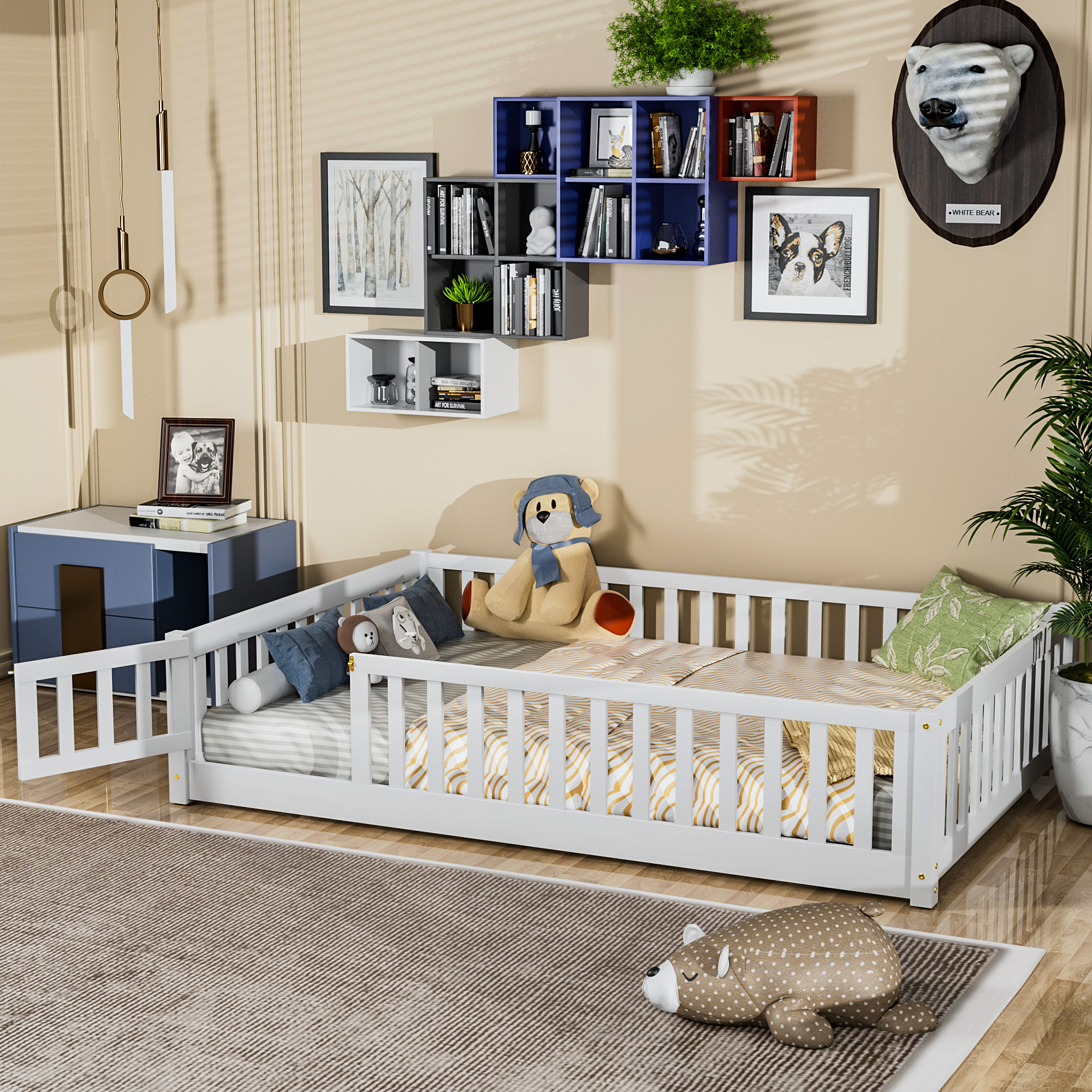 Miniyam Full Size Toddler Floor Bed with Fence, White