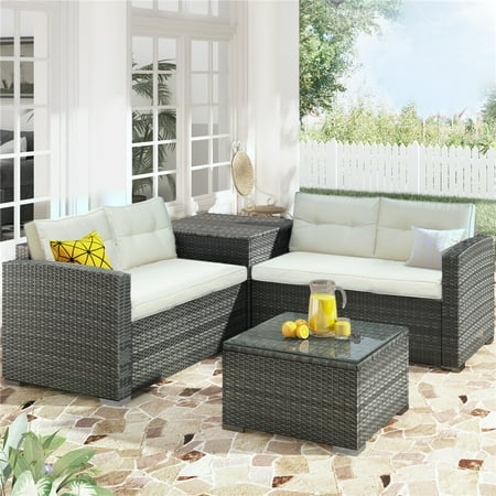 Outdoor Wicker Furniture Sets 4 Piece Patio Conversation Set with Storage Box Coffee Table 2 Sofas PE Rattan Wicker Bistro Patio Set with Beige Cushions for Backyard Porch Garden Pool L3584