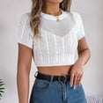 thumbnail image 4 of XFLWAM Women's Cable Knit Crop Tops Short Sleeve Crew Neck Knit Sweater Solid Color Casual Slim Fit Hollow Out Sweaters, 4 of 5